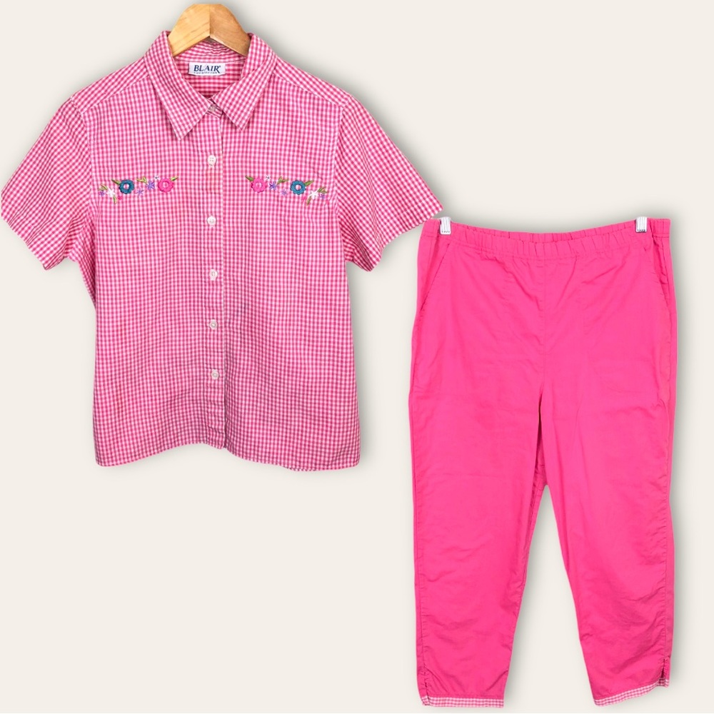 Blair Vintage 90s Gingham Floral Embroidered Picnic Cottagecore Pant Set Pink - Picture 14 of 14